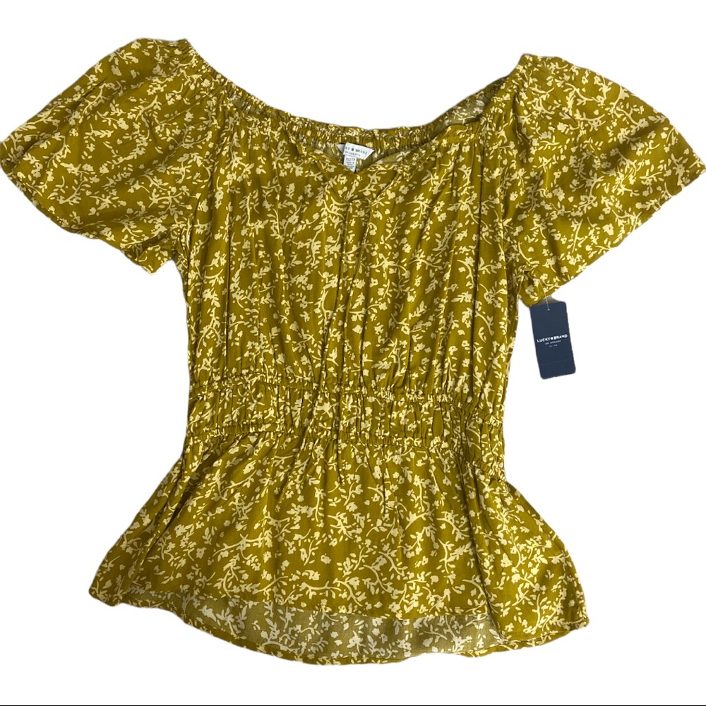 NWT Lucky Brand Floral Smocked Peplum Top - extra small gold yellow mustard